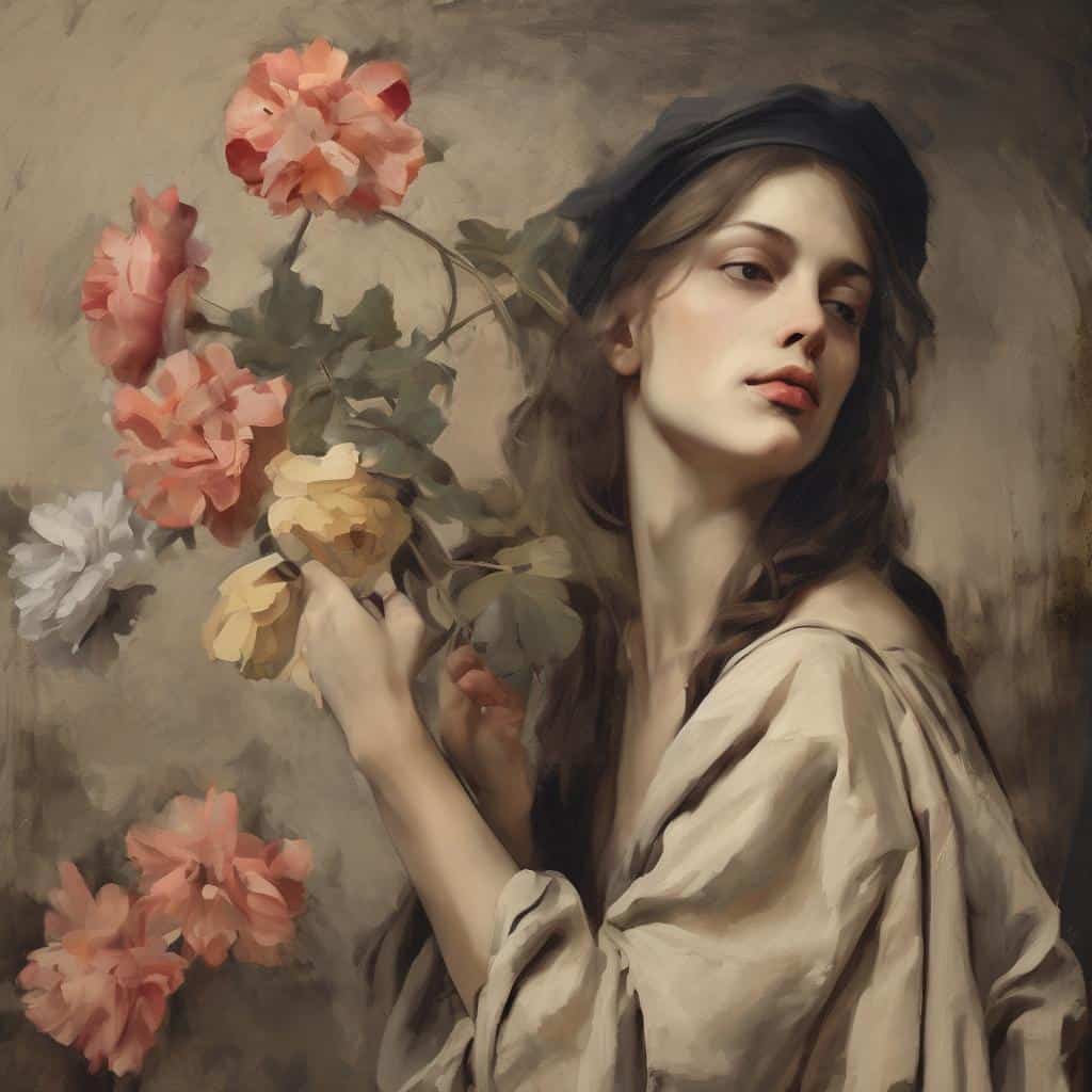 Όμορφη νεαρή γυναίκα με μακριά καστανά μαλλιά και μαύρο καπέλο, κρατάει ανθισμένα λουλούδια σε ένα καμβά με ρεαλιστική και ζωηρή τεχνική ζωγραφικής.