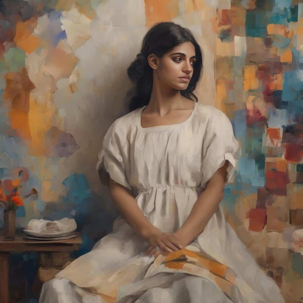 Καλλιτέχνες που Άφησαν Ιστορία - Τέχνη και Έμπνευση, γυναικεία πορτρέτο σε ζωγραφική ατμόσφαιρα με πολύχρωμο αφαιρετικό φόντο, εκφραστική και κλασική εικόνα ψηφιακής τέχνης.