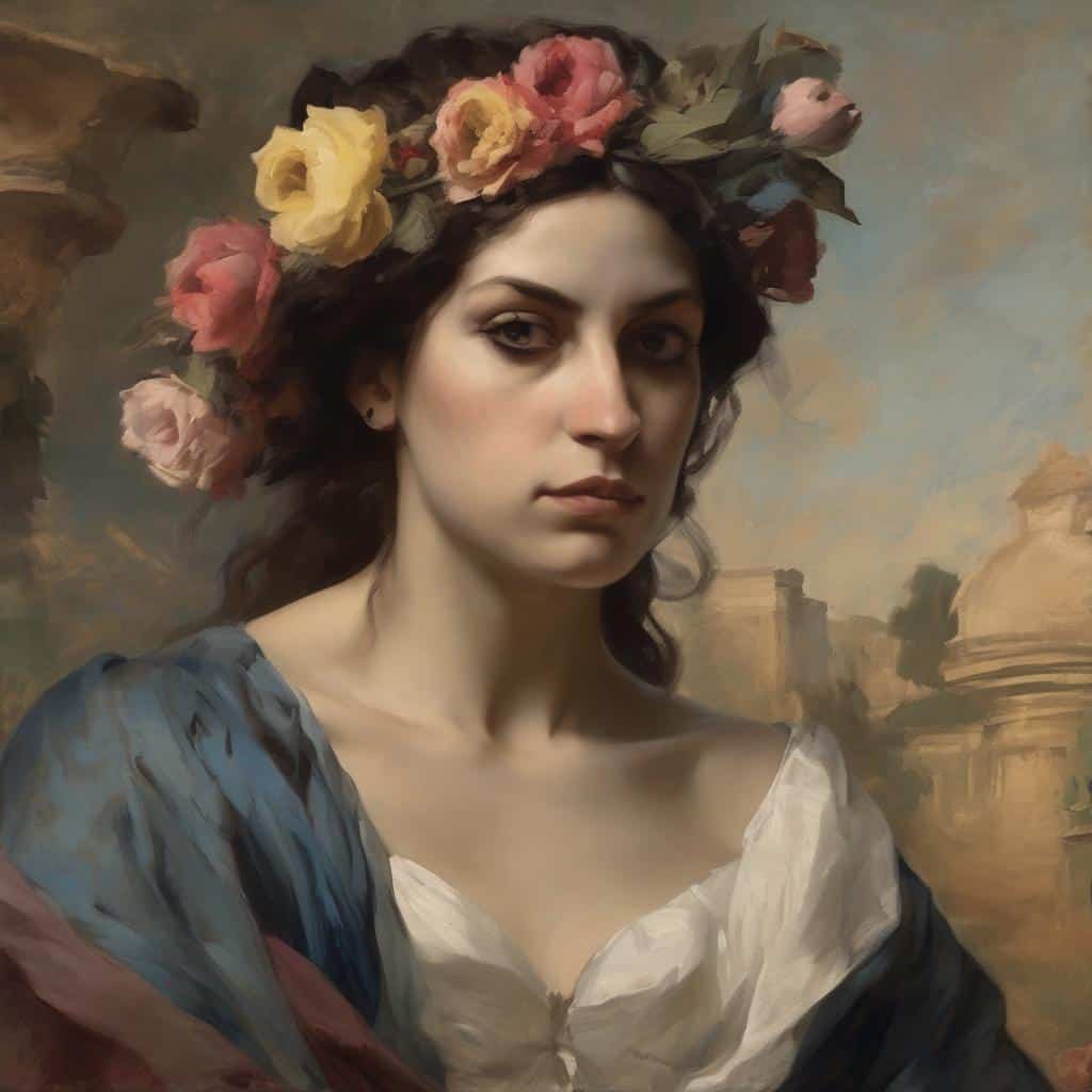 Ανθισμένη κοπέλα με λουλούδια στα μαλλιά, σε ρεαλιστικό πορτρέτο, με ιστορικό τοπίο στο βάθος.