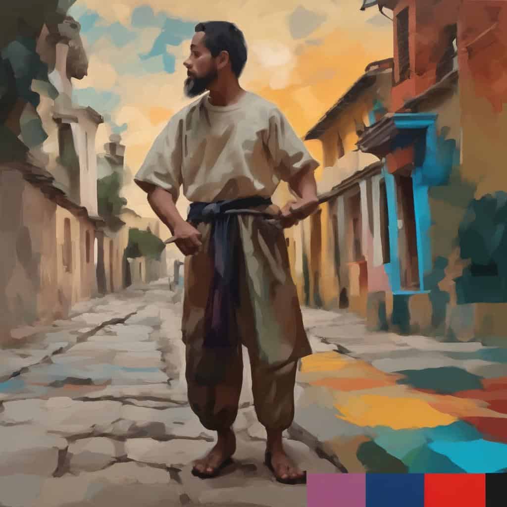 Μονόχρωμος πίνακας με άνδρα σε παραδοσιακή ενδυμασία που περπατά σε παλιά αγροτική γειτονιά, ζωγραφισμένο με ζωηρά χρώματα και λεπτομέρειες.