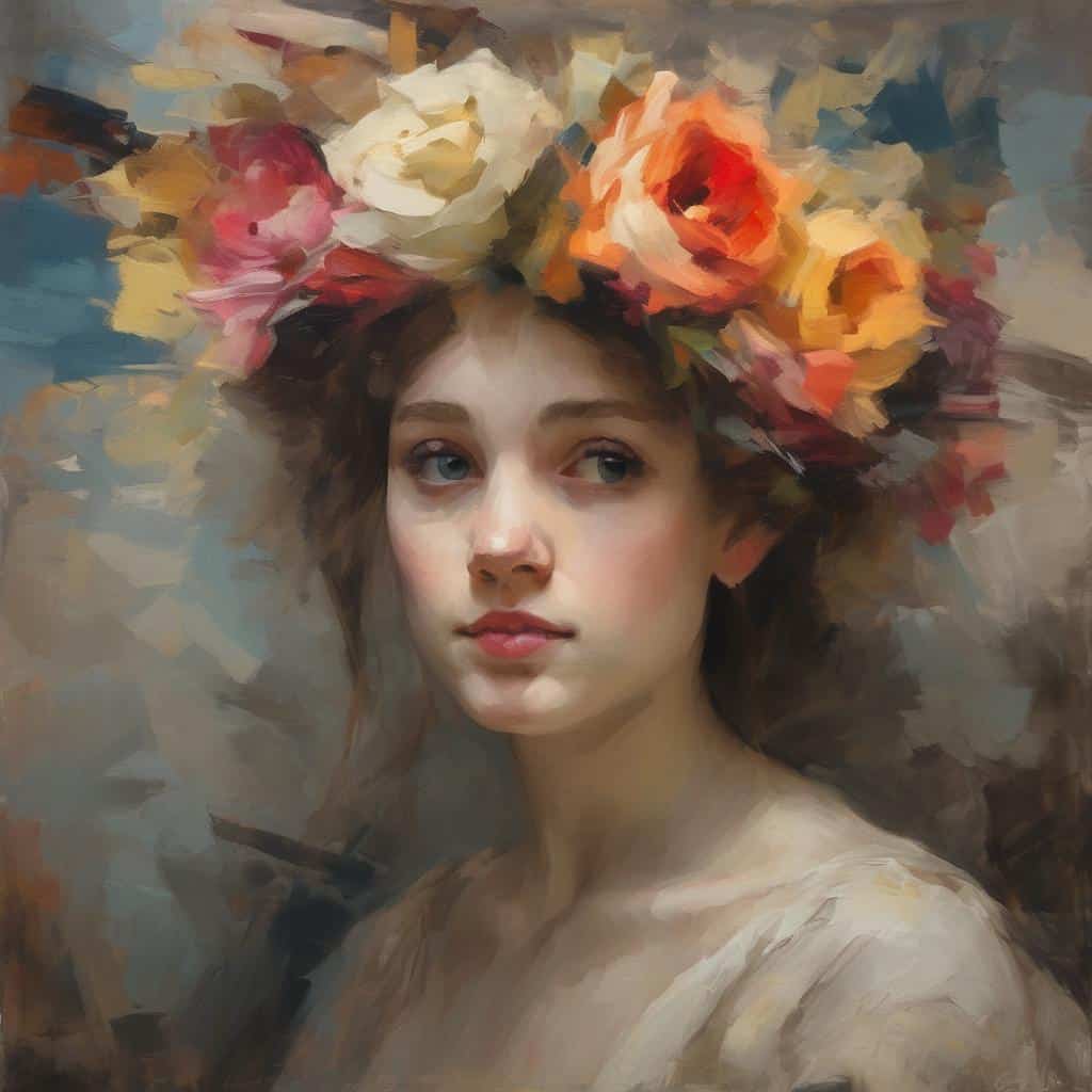 Ρομαντικό πορτρέτο νεαρής γυναίκας με λουλούδια στο κεφάλι, ζωγραφισμένο με έμφαση στη λεπτομέρεια και την εκφραστικότητα. Συνδυασμός ρεαλισμού και εντυπωσιακής τέχνης.