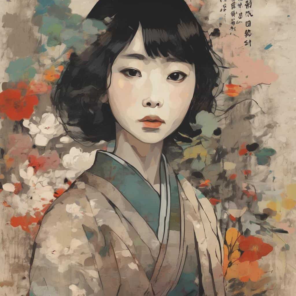 Όμορφη εικόνα γυναίκας σε παραδοσιακή κιμονό, με φανταστικό ζωγραφικό στυλ και φόντο με χρωματικές πινελιές, εμπνευσμένο από την τέχνη και τον πολιτισμό.