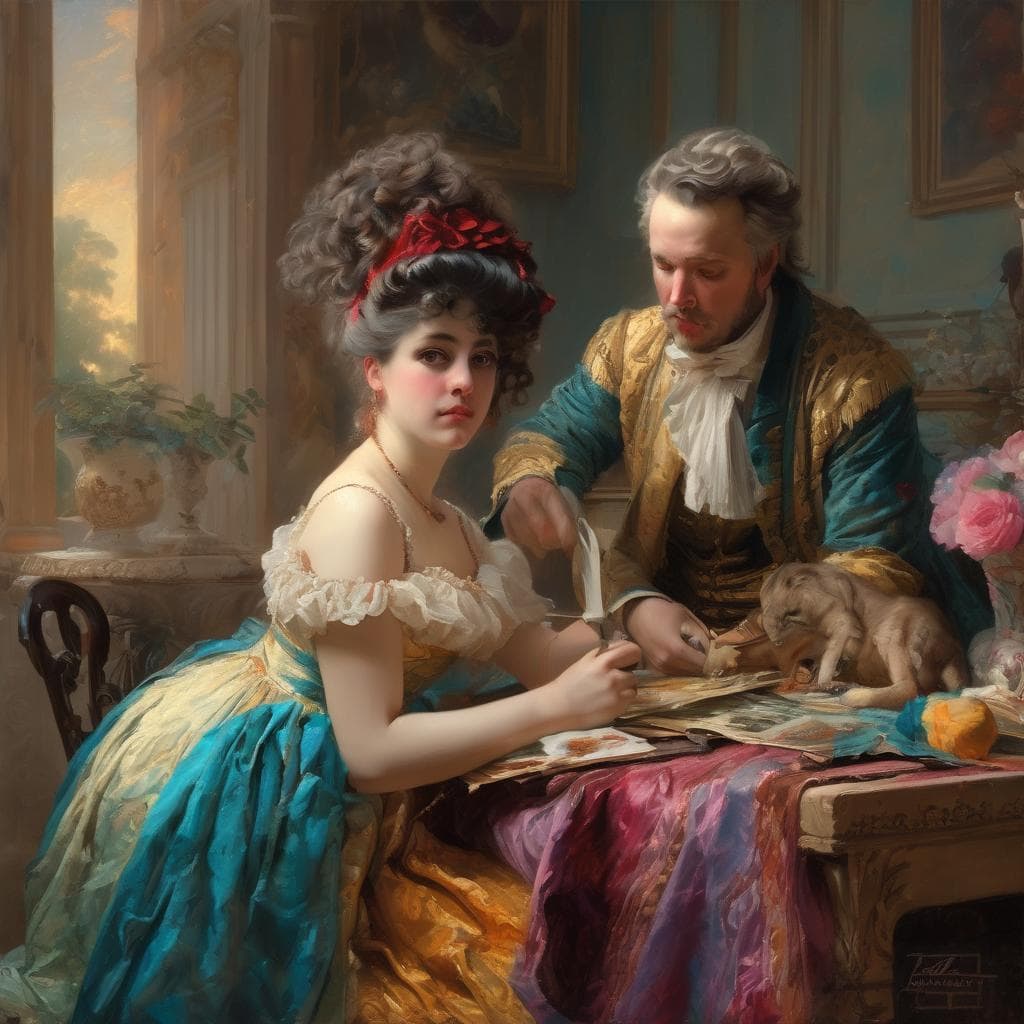 Ανέκδοτη εικόνα με νεαρή γυναίκα και άνδρα σε εσωτερικό χώρο, σε στιλ ροκοκό τέχνης, με πλούσια ρούχα και αντικείμενα, ιδανική για την προώθηση ιστορίας και έμπνευσης από γνωστούς καλλιτέχνες.