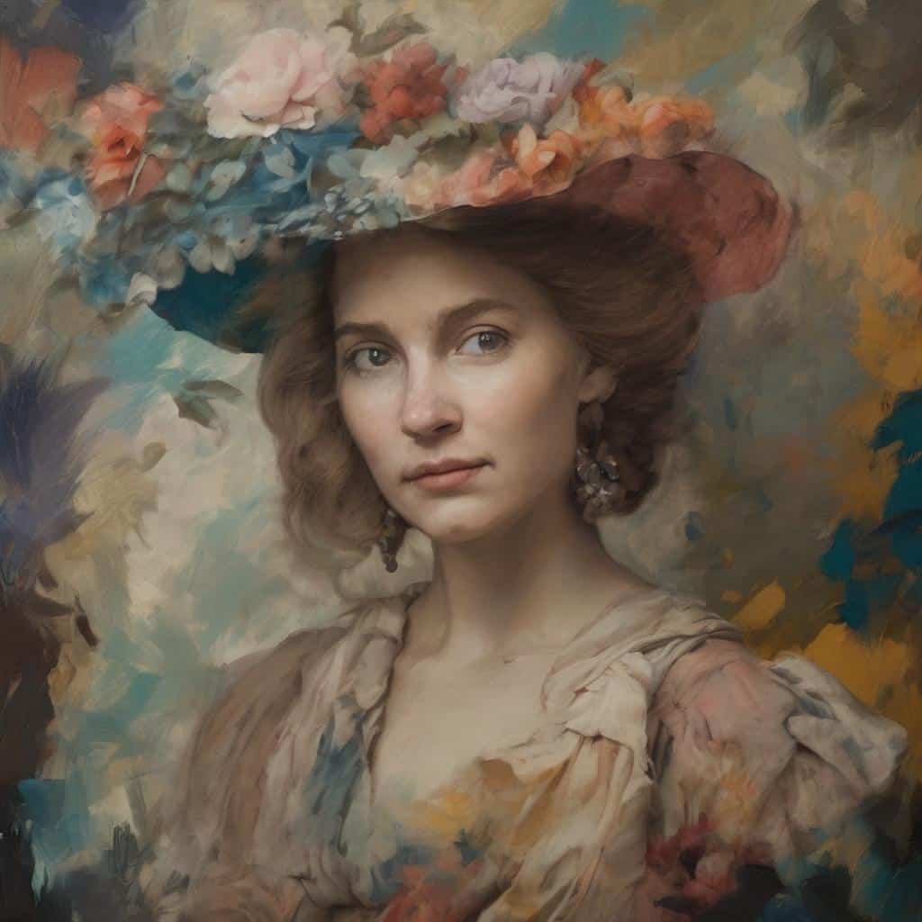 Ομορφιά και τέχνη σε πορτρέτο με καλαίσθητο ατελιέ, τοπίο και εντυπωσιακή γυναικεία φιγούρα με καπέλο από λουλούδια, συμβολισμός και καλλιτεχνική έμπνευση.