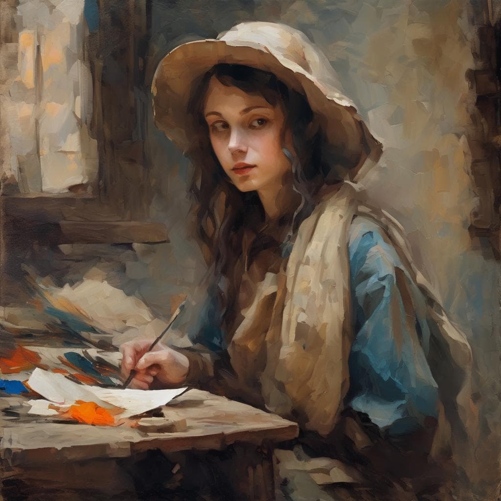 Νεαρή γυναίκα ζωγραφίζει στον καμβά σε ρεαλιστικό στυλ, φορώντας καπέλο και ιστορικό ρουχισμό σε εσωτερικό χώρο με φυσικό φως.