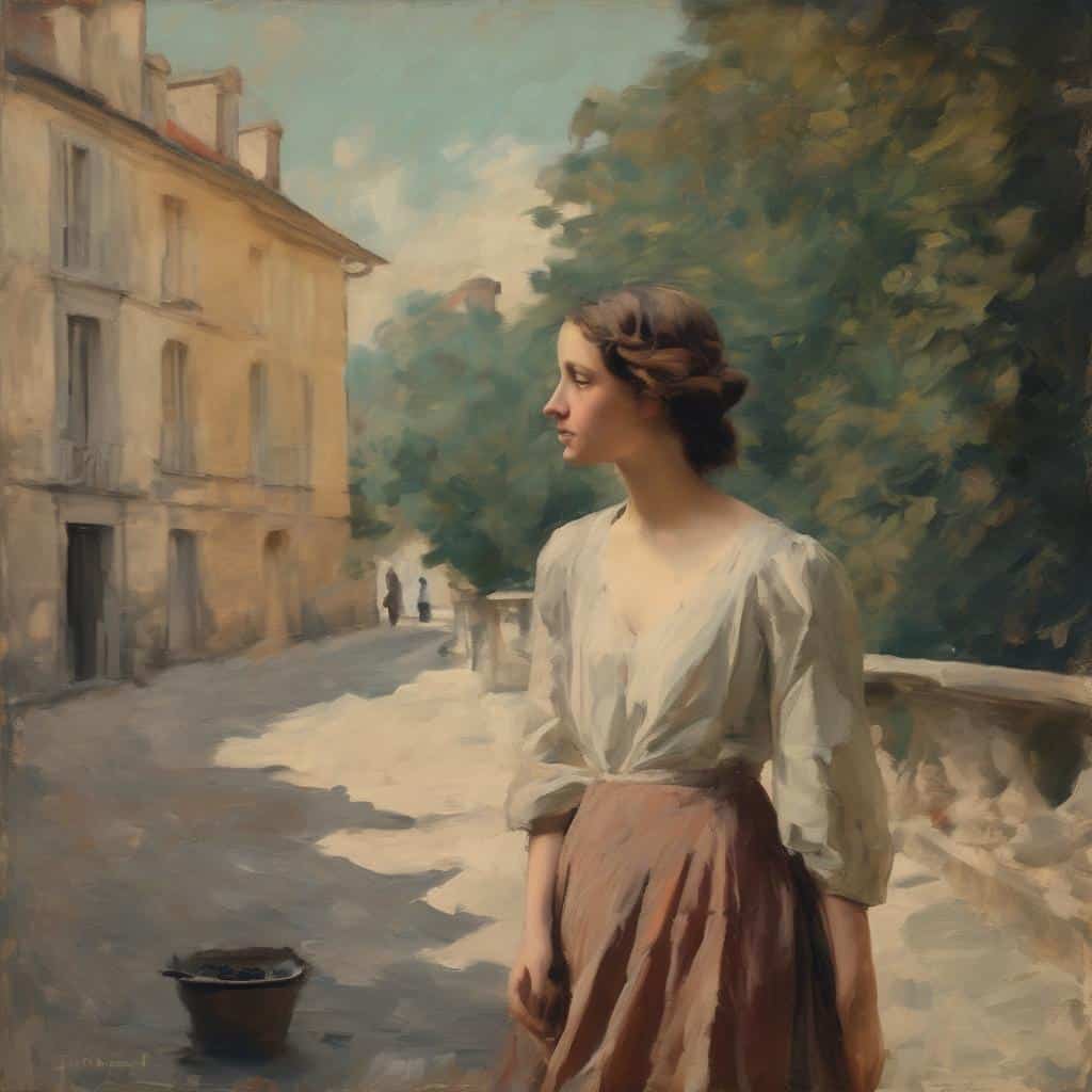 Ανθρώπινη μορφή γυναίκας σε αστικό τοπίο, ζωγραφική σε στυλ ιμπρεσιονιστικό, με φυσικό φωτισμό και ήρεμο περιβάλλον.