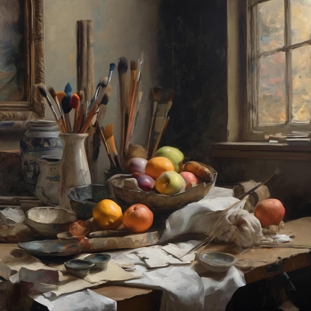 Ανθρώπινη δημιουργική σύνθεση με φρούτα και πινέλα σε καλλιτεχνικό στούντιο, φωτισμένο από φυσικό φως από παράθυρο, αποπνέει ηρεμία και έμπνευση.