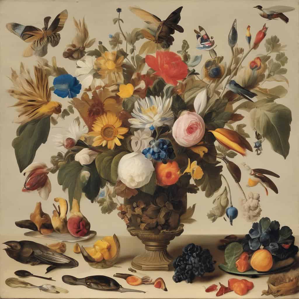 Λαμπρός πίνακας με ανθοστήλη γεμάτη πολύχρωμα λουλούδια και πεταλούδες, ζωγραφισμένο με ρεαλιστική λεπτομέρεια και δυναμική αίσθηση.